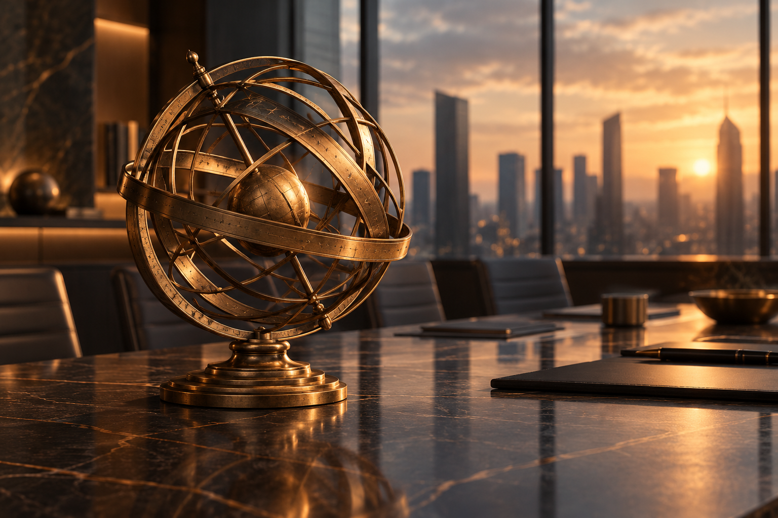 Esfera armilar de bronce sobre una mesa de dirección: ilustración conceptual del liderazgo esférico.